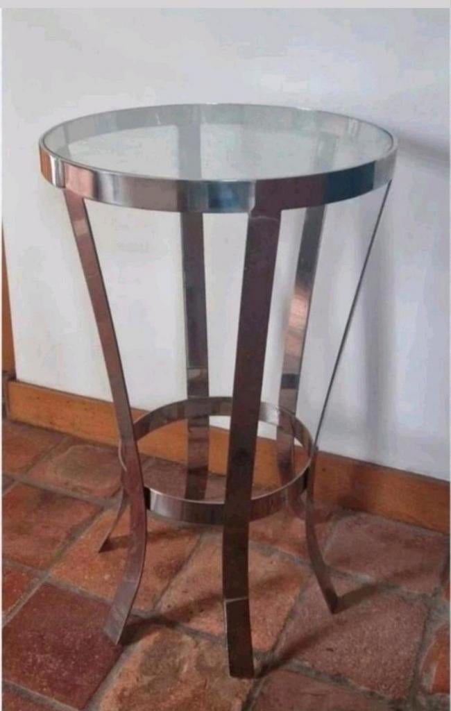 Strak chromen rond plantentafeltje bijzettafel, Ophalen, Rond, Zo goed als nieuw, Glas