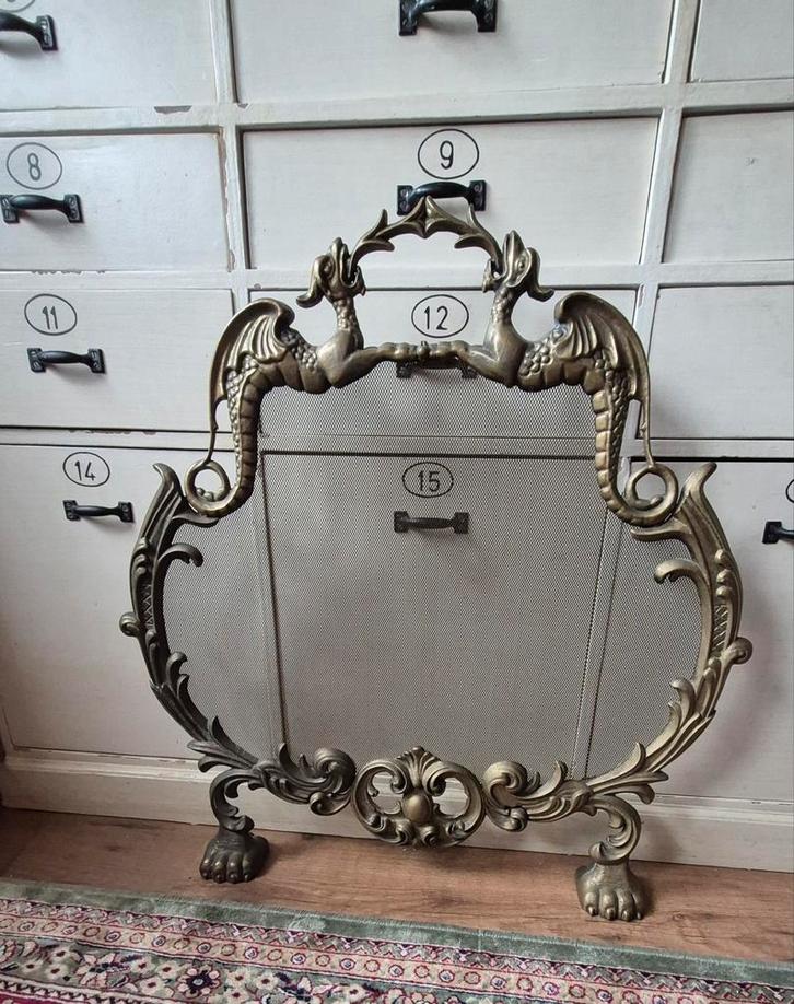 Haardscherm, messing vuurscherm, antiek draken haardscherm, Huis en Inrichting, Haarden, Ophalen of Verzenden