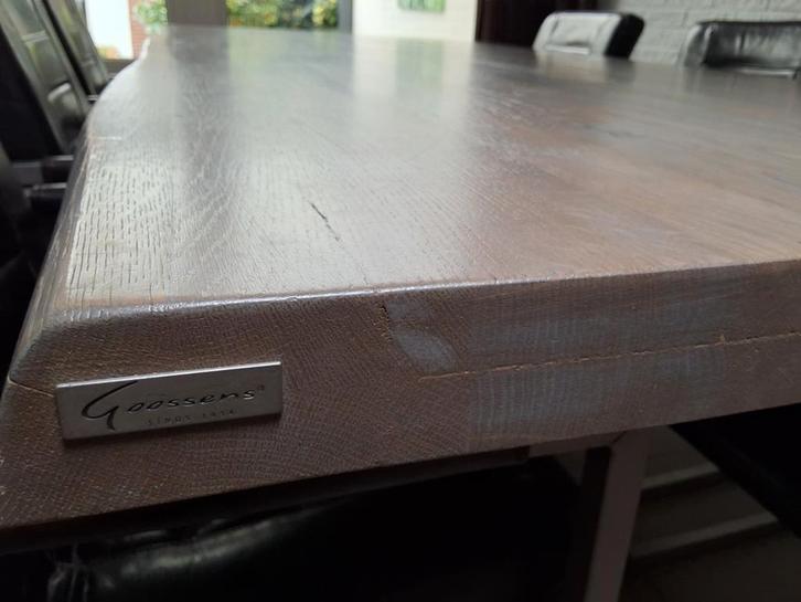 Boomstam Eettafel Eiken + 6 Zwartleren Stoelen, Huis en Inrichting, Tafels | Eettafels, Gebruikt, 100 tot 150 cm, 200 cm of meer