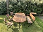 Edenia teak/smeedijzer tuinset; 2x tafel, 3 stoelen + bank, Bank, Tuinset, 6 zitplaatsen, Teakhout