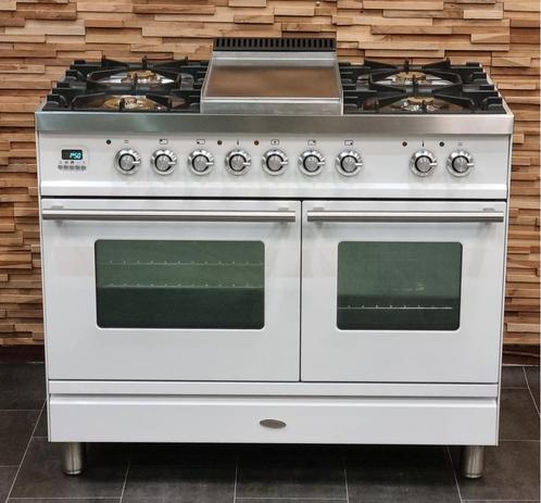 Luxe Fornuis Boretti 100cm wit + rvs 5 pits frytop 2ovens, Witgoed en Apparatuur, Fornuizen, Zo goed als nieuw, Vrijstaand, Gas