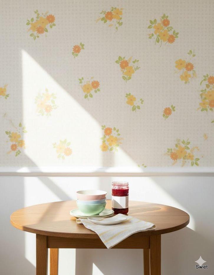 6811 Vintage behang oranje gele bloemetjes fris licht swiet, Huis en Inrichting, Stoffering | Behang, Groen, minder dan 10 m²