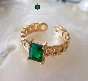 Ring Chain RVS in Gold / Smaragd kleurige Zirconia beschikbaar voor biedingen