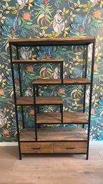 Open vakkenkast massief teak met zwart staal, Ophalen, 100 tot 150 cm, Nieuw, Overige materialen