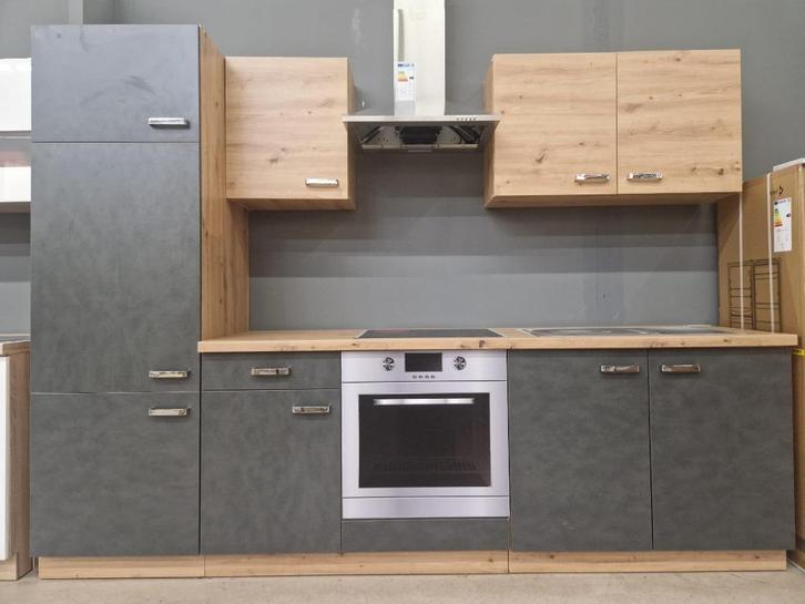 keuken grijs eikenbruin nieuw 270 cm dik blad alu handgrepen, Huis en Inrichting, Keuken | Complete keukens, Nieuw, Enkelwandige keuken