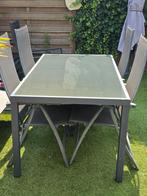 Tuinset: Tafel met glazen blad + 4 stoelen, Ophalen, 4 zitplaatsen, Gebruikt, Aluminium
