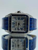 Cartier Santos XL Iced Out met diamanten en saffieren, Overige merken, Overige materialen, Leer, Polshorloge