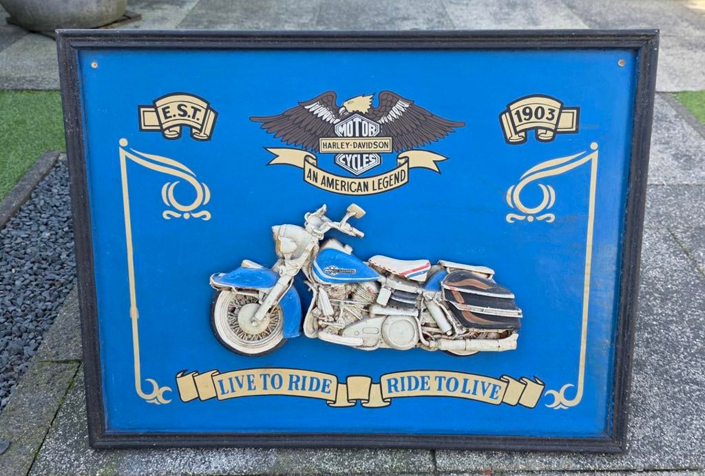Houten 3D pubbord /wandbord Harley Davidson motor 80x60 cm, Ophalen, Gebruikt