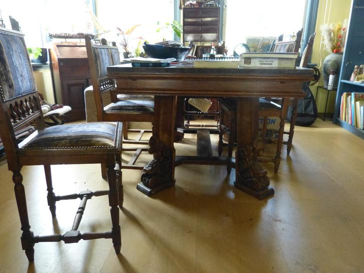 Massief eiken kloostertafel 6 stoelen– uitschuifbaar 260 cm, Antiek en Kunst, Antiek | Meubels | Tafels, Ophalen