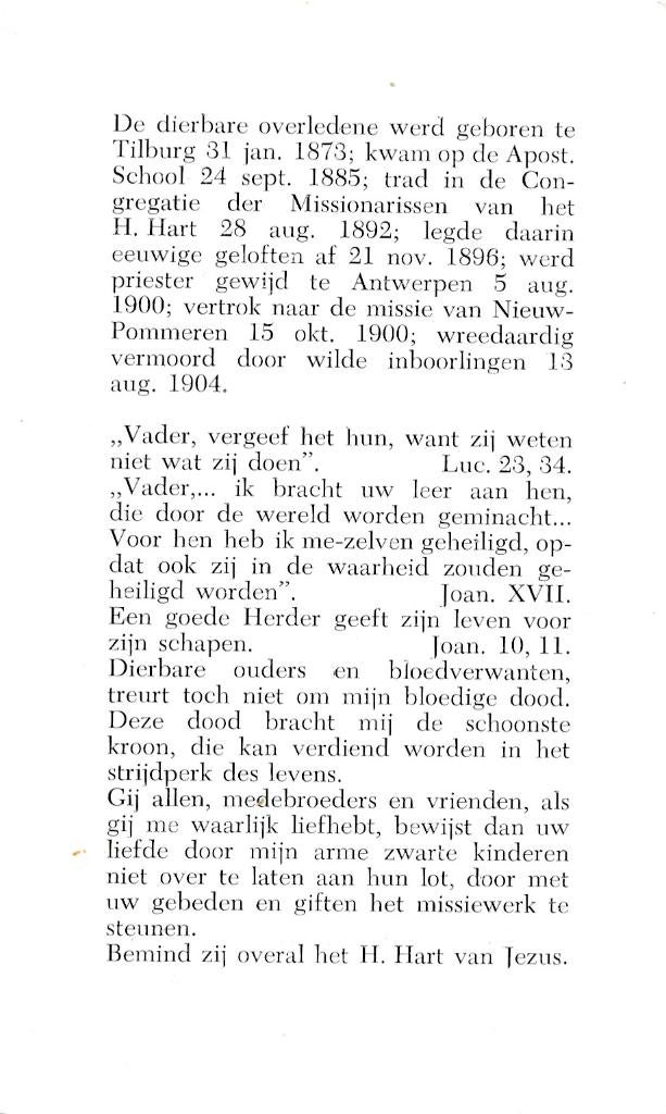 Rutten Henricus 1873 Tilburg Pommeren vermoord priester, Ophalen of Verzenden, Bidprentje