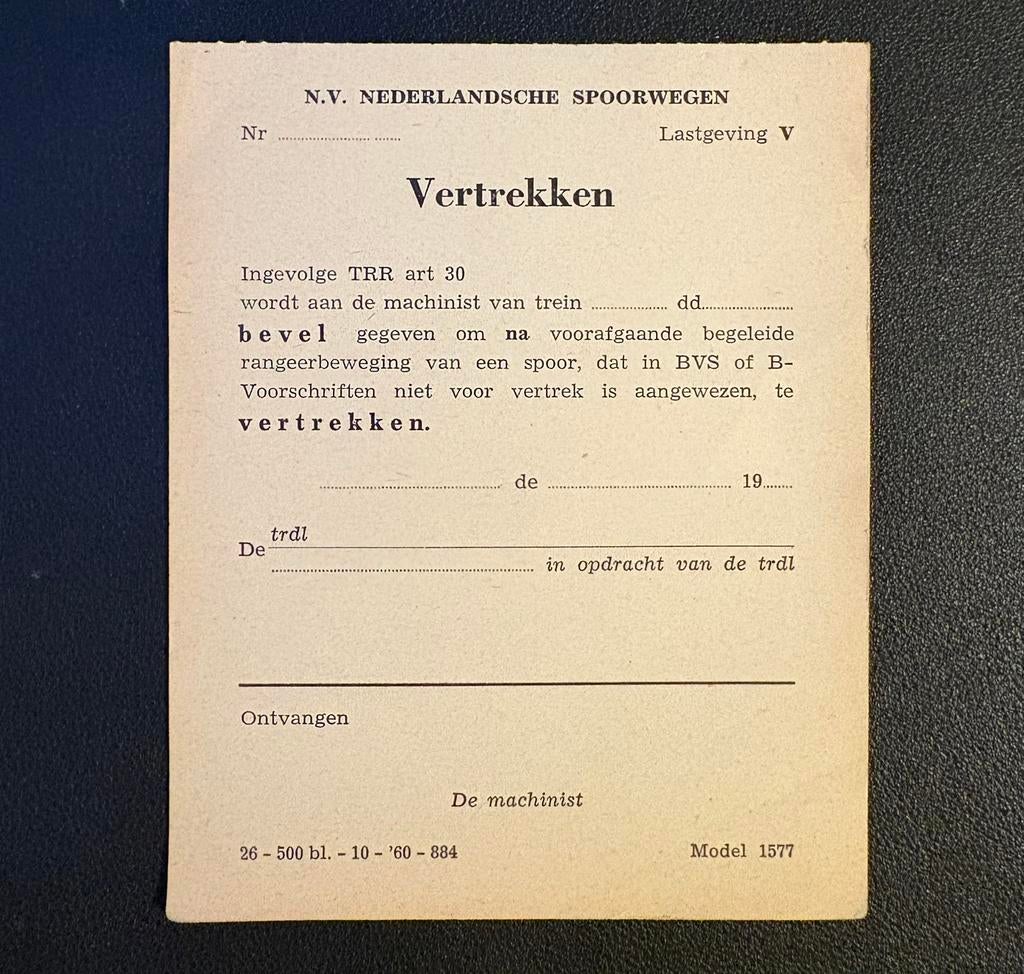 Lastgeving vertrekken NS (1960), Ophalen of Verzenden, Zo goed als nieuw, Trein