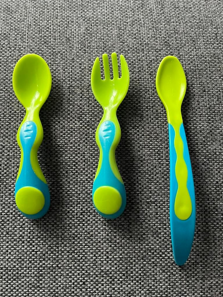 Baby bestekset baby groen blauw plastic vork en lepel, Ophalen of Verzenden, Zo goed als nieuw, Overige typen