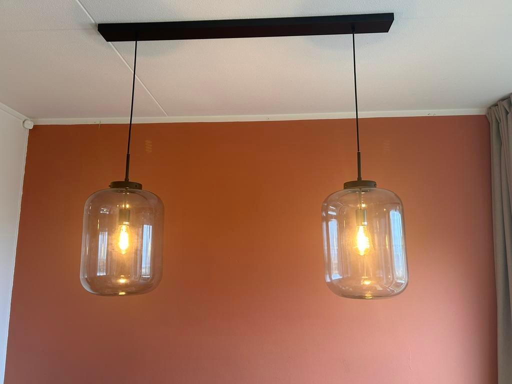 Hanglampen eettafel rookglas, Huis en Inrichting, Lampen | Hanglampen, Ophalen, Zo goed als nieuw, Glas, Minder dan 50 cm