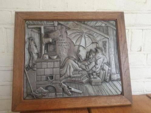 Zwaar tinnen wandbord Carl Spitzweg de arme dichter, Antiek en Kunst, Ophalen