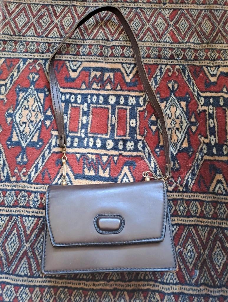 Vintage leren handtasje, Sieraden, Tassen en Uiterlijk, Tassen | Damestassen, Ophalen of Verzenden, Gebruikt, Bruin, Handtas