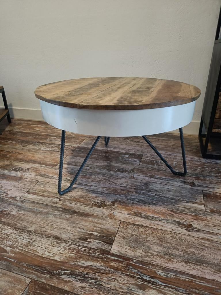 Salontafel mangohout en metaal, Huis en Inrichting, Tafels | Salontafels, Gebruikt, 50 tot 100 cm, Rond, 50 tot 100 cm