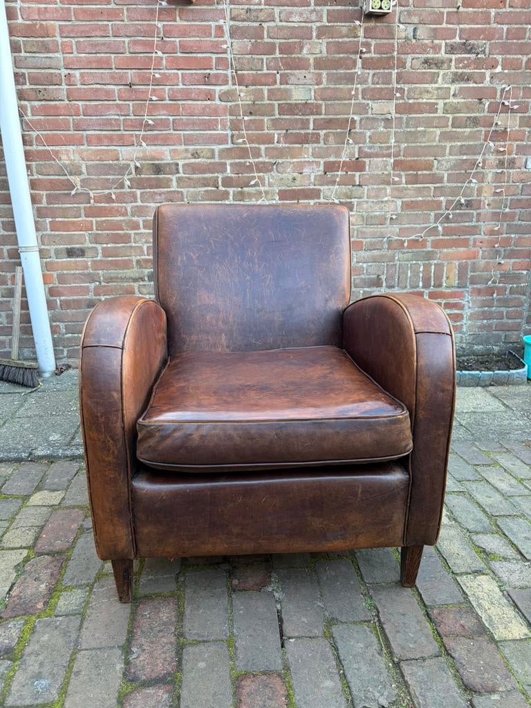 Schapenleren wagewiel fauteuil nette staat, Huis en Inrichting, Fauteuils, Ophalen of Verzenden, Zo goed als nieuw, 75 tot 100 cm