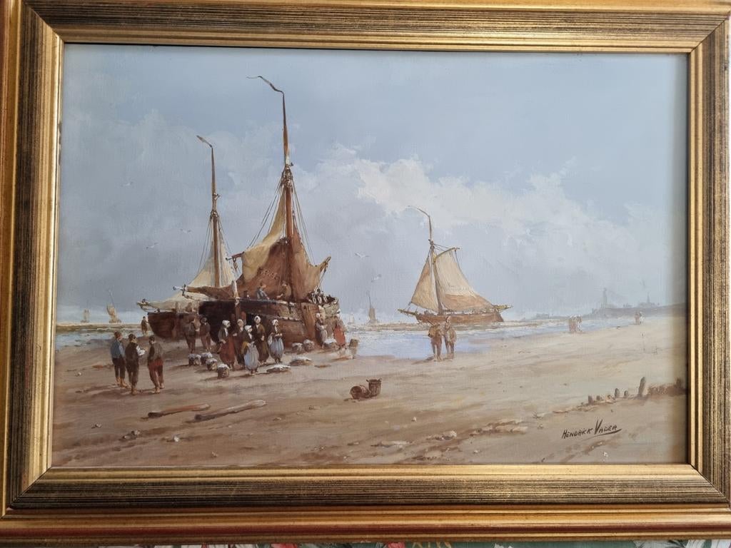 Hendrick Vader 1908/2001 vissersboten op het strand, Antiek en Kunst, Kunst | Schilderijen | Klassiek, Ophalen of Verzenden