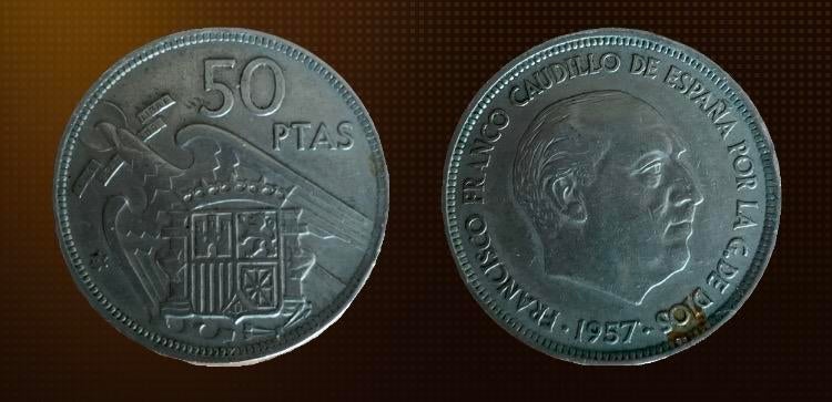 50 Pesetas Spanje - Franco 1957, Postzegels en Munten, Munten | Europa | Niet-Euromunten, Ophalen, Overige landen, Losse munt