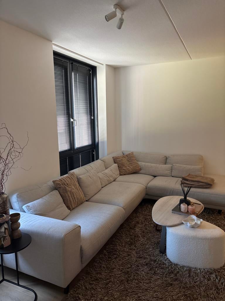 Lichtgrijze hoekbank met 4 extra hoofdkussens, Ophalen, Gebruikt, 100 tot 125 cm, Hoekbank