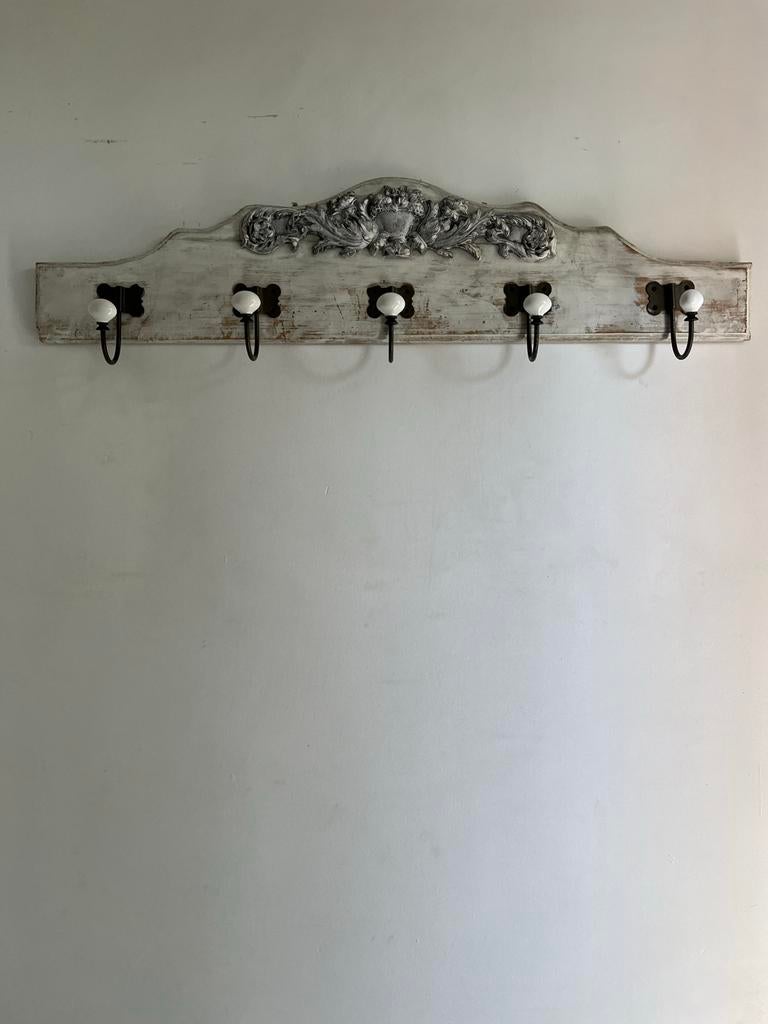 Brocante Wandkapstok 87 cm met 5 Porseleinen Haken, Gebruikt, Minder dan 100 cm, Hout, Ophalen