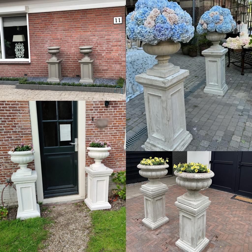 Sierlijke betonnen tuinvazen op massieve betonnen sokkels, Ophalen, Nieuw
