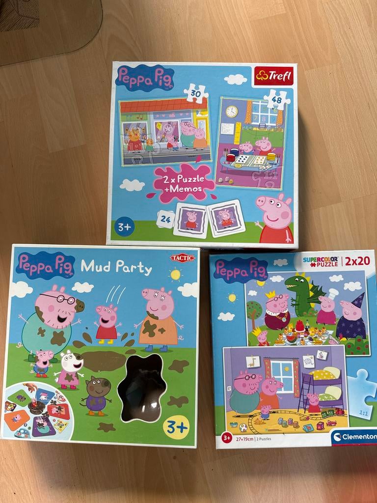 Peppa Pig puzzels, mud party spelletje en memo, Kinderen en Baby's, Speelgoed | Kinderpuzzels, Ophalen, 10 tot 50 stukjes, Gebruikt