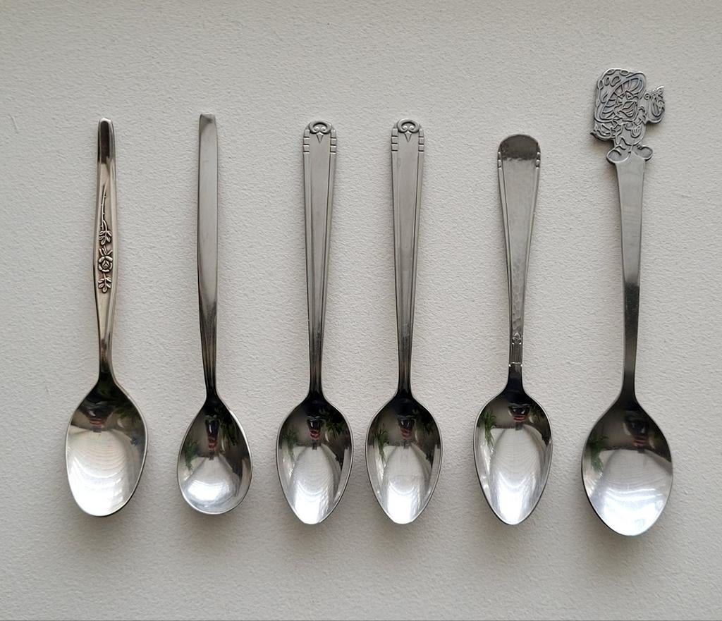 6 theelepeltjes diverse modellen jaren 60-70, Ophalen of Verzenden, Rvs of Chroom