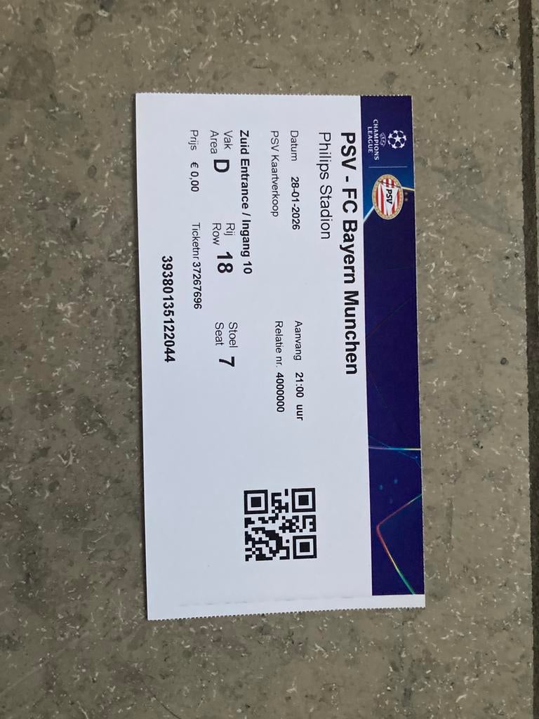 TICKET PSV-BAYERN MÜNCHEN CHAMPIONS LEAGUE 25-26, Ophalen of Verzenden, Zo goed als nieuw, PSV, Overige typen