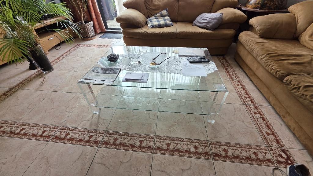 glazen salontafel met bijzettafel, Huis en Inrichting, Tafels | Salontafels, Ophalen, Gebruikt, 100 tot 150 cm, 50 tot 100 cm