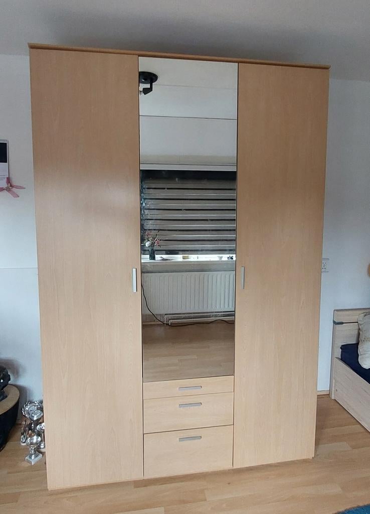 Licht eiken kledingkast met spiegel en lades, Huis en Inrichting, Kasten | Kledingkasten, Gebruikt, 100 tot 150 cm, 200 cm of meer