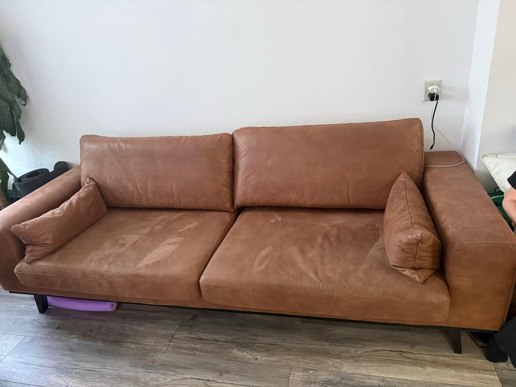 Torino 3-zitsbank - Cognac leer, Ophalen, Gebruikt, Driepersoons, Rechte bank