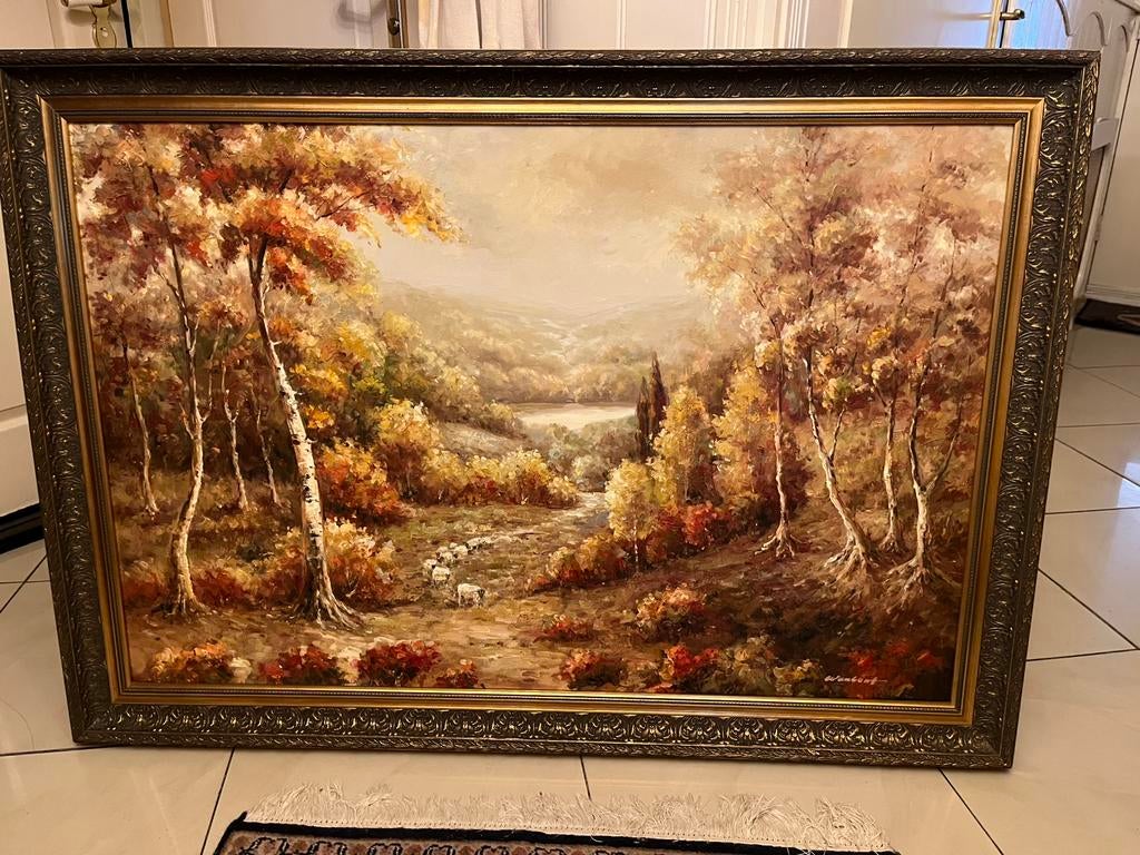 Groot olieverf landschap met schapen schilderij, Ophalen of Verzenden