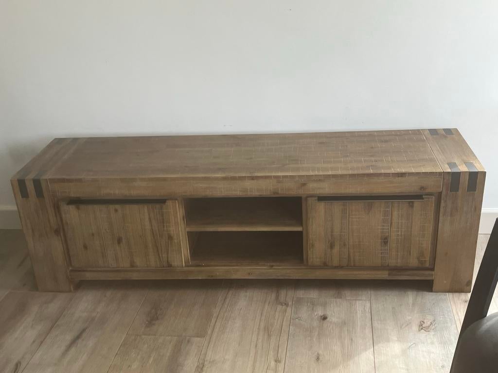 Robuust houten tv-meubel met schuifdeuren, Ophalen, Gebruikt, 100 tot 150 cm, Minder dan 100 cm