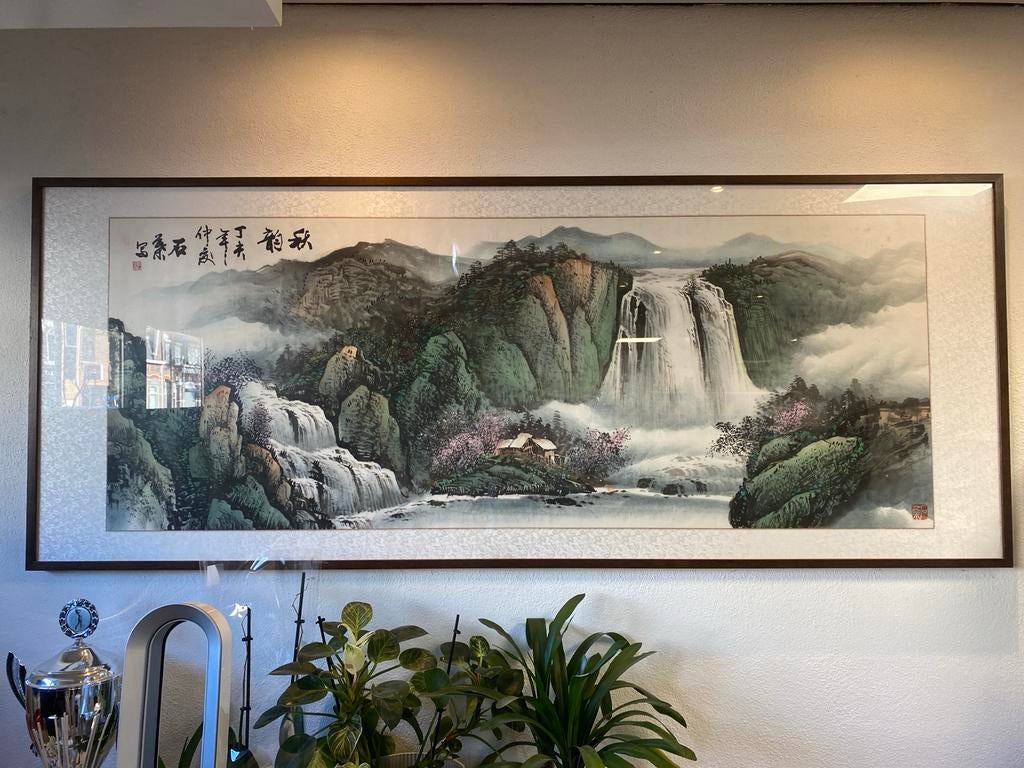 Prachtig Chinees Landschap Schilderij met Watervallen 210x85, Ophalen of Verzenden