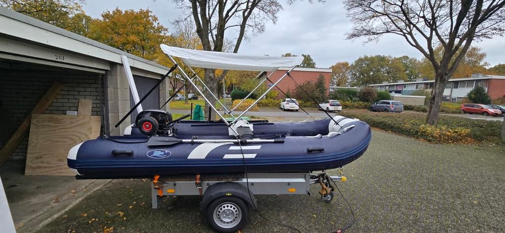 Hibo 390 rubberboot met 6pk Tohatsu buitenboordmotor, Watersport en Boten, Rubberboten, Aluminium, Zo goed als nieuw, Benzine