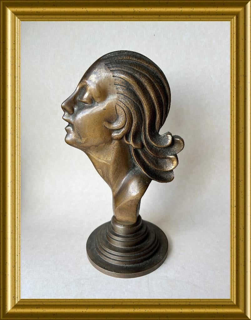 Art deco koperen buste, hoofd vrouw, Ophalen of Verzenden