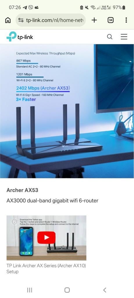 TP-Link Archer AX53 AX3000 Dual-Band Gigabit WiFi 6 Router, Computers en Software, Routers en Modems, Ophalen of Verzenden, Zo goed als nieuw