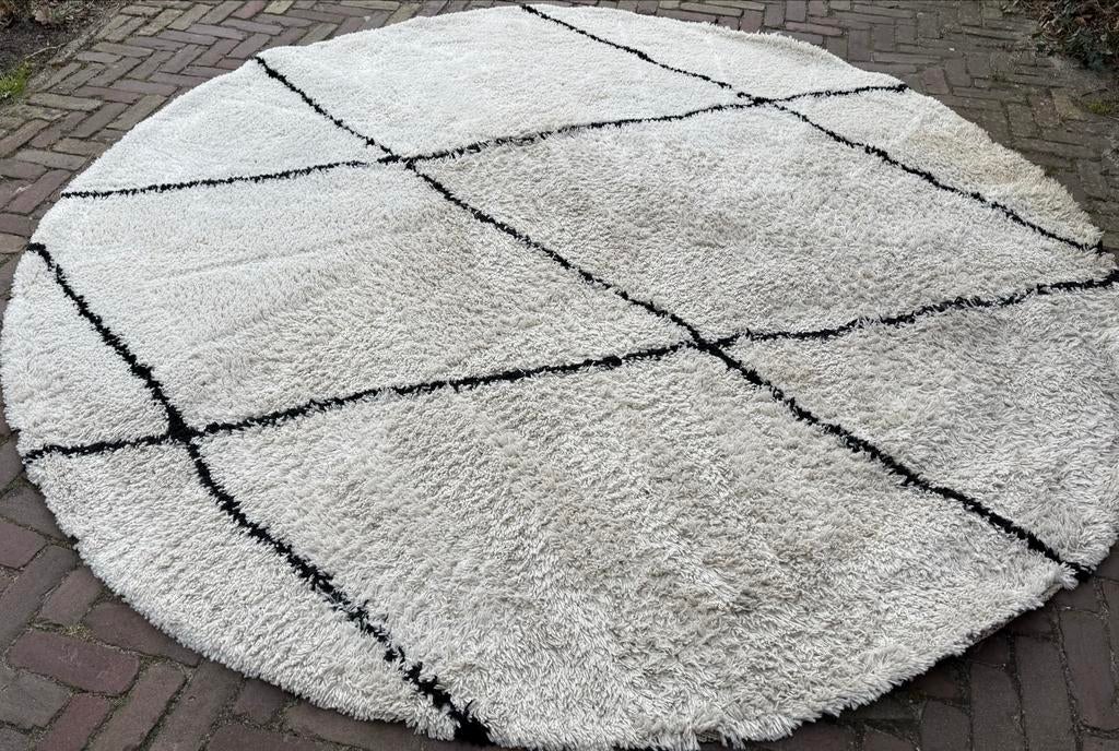 Groot Rond Vloerkleed - 250 cm - Wit met Zwart Patroon, Huis en Inrichting, Ophalen, Gebruikt, Wit, Rond