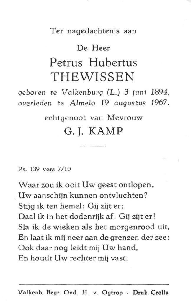 Thewissen Petrus Hubertus Valkenburg 1894-1967 Almelo, Ophalen of Verzenden