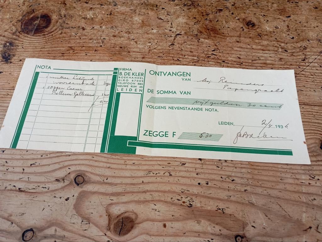 Vintage Nota B de Kler Nwe Rijn Leiden 1936, Verzamelen, Ophalen of Verzenden, Overige typen
