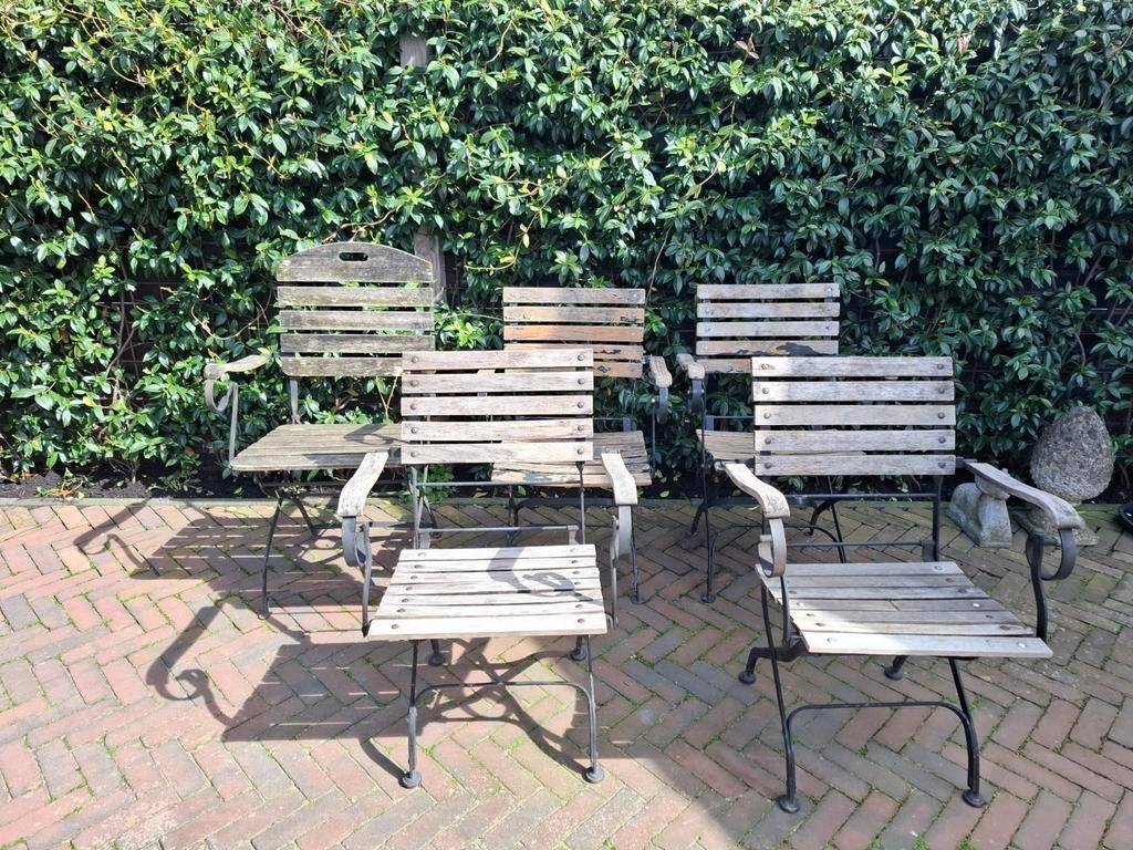 5 of 7 gietijzeren bistro stoelen/ bistrostoelen opknappers, Ophalen, Gebruikt, Metaal, Inklapbaar