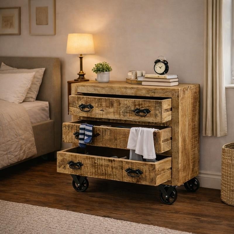 Vintage Verrijdbaar Ladekast Retro Dressoir Mango Nachtkast, Overige houtsoorten, Info@dehanzeherten.nl, De Hanze Herten BV, Nieuw