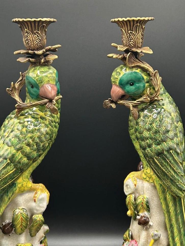 Prachtige vintage papegaaien kandelaars - porselein en brons, Antiek en Kunst, Antiek | Porselein, Ophalen