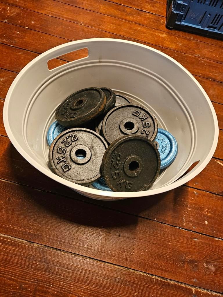 Dumbbellset met diverse gewichten en springtouw, Sport en Fitness, Fitnessmaterialen, Gebruikt, Halterset, Armen, Benen, Borst