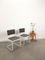 Vintage witte eetkamer buisframe stoelen met leuke print, Ophalen, Gebruikt, Twee, Wit