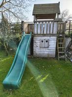 Houten speeltoestel met glijbaan, schommels en klimnet, Ophalen, Gebruikt, Klimnet