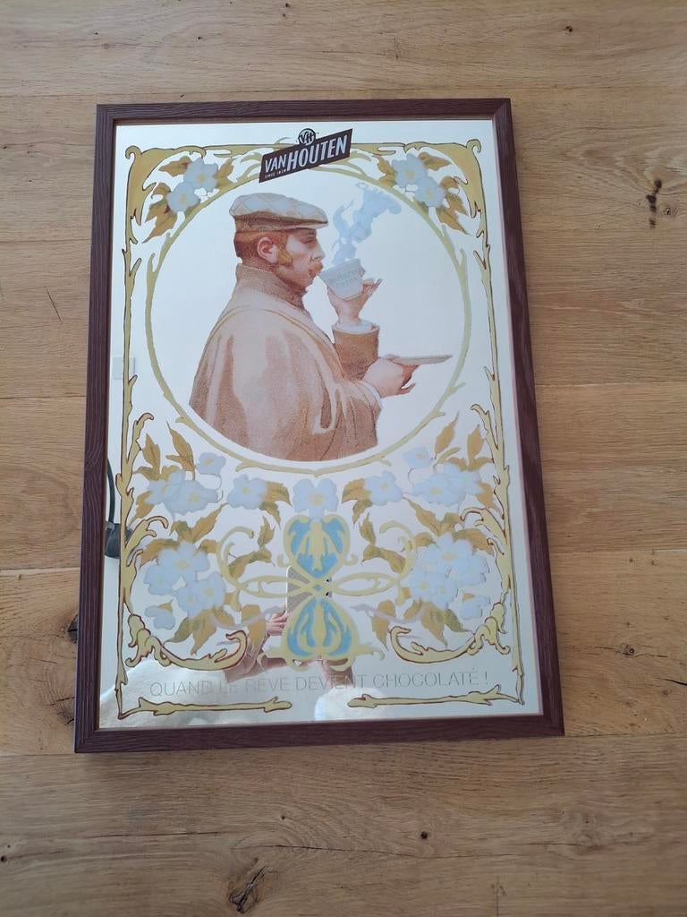 Vintage Van Houten Cacao Spiegel - Art Nouveau Stijl, Antiek en Kunst, Antiek | Spiegels, Ophalen, Rechthoekig, Minder dan 50 cm