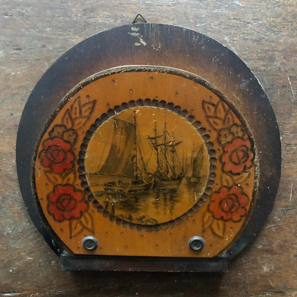 Vintage houten koffiefilterhouder met zeilschip, Ophalen of Verzenden