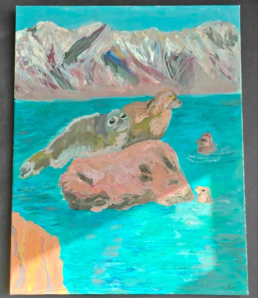 Gouache zeehonden landschap 20x30 paneel, Verzenden